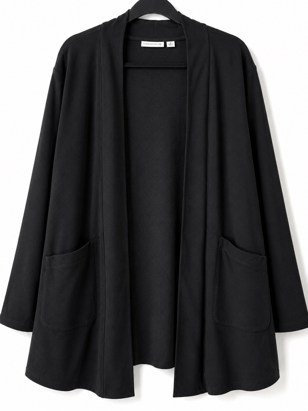 Susan Graver Black Open Front Cardigan Jacket Pockets Medium